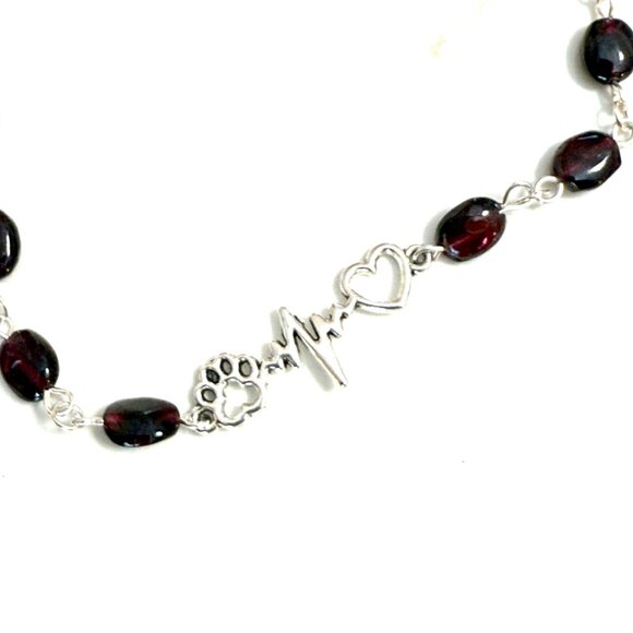 Genuine Garnet Short Necklace, Natural Gemstone w/ Paw Print Heart Beat Pendant - Picture 4 of 15